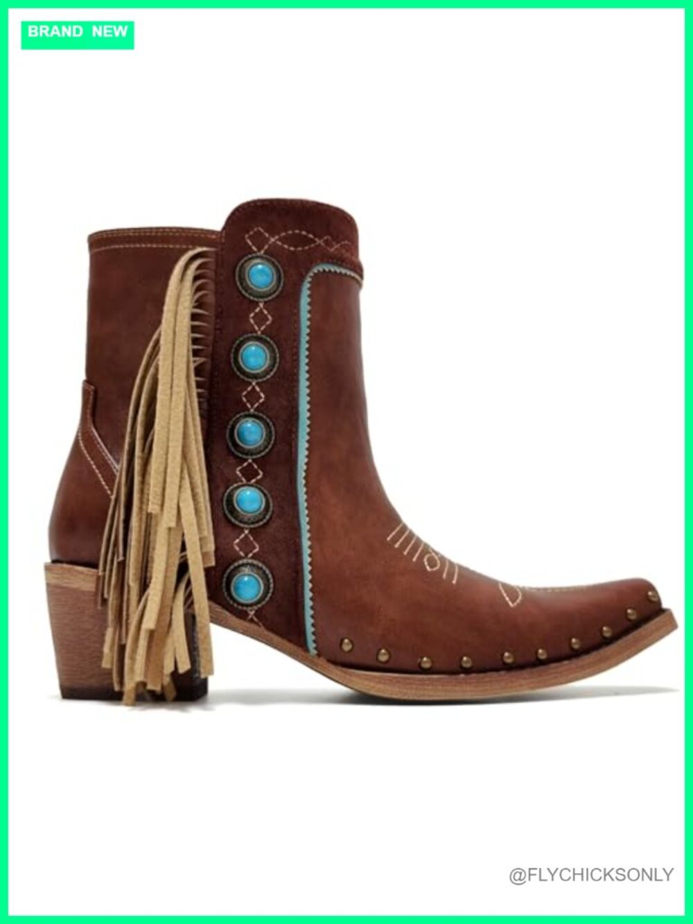 Western Fringe Ankle Booties Studded Turquoise Cowboy Boots